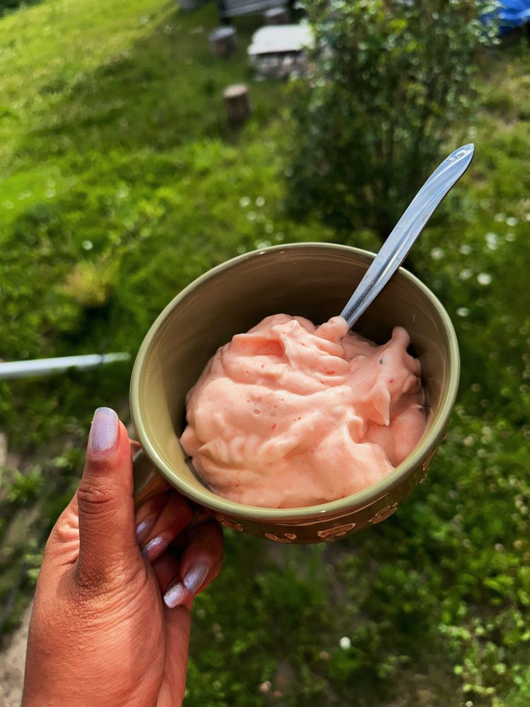 janelle holding her “indian icecream” aka whipped soapberries in a green, handled soup bowl 