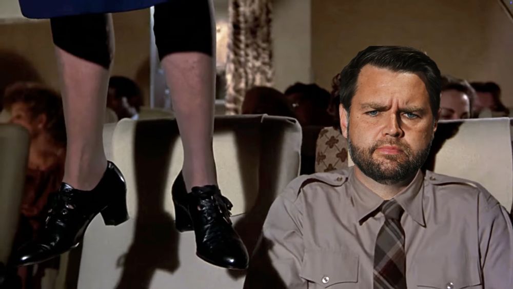 A photoshopped image taken from the movie airplane. JD Vance's head has been placed over Ted Striker's head who is sitting next to a woman who just hung herself because listening to Ted speak makes one do such a thing. This is a knock against the Vice Pres. who, just yesterday, met briefly with The Pope. It has been announced that The Pope died not 24 hours after meeting with JD Vance. 