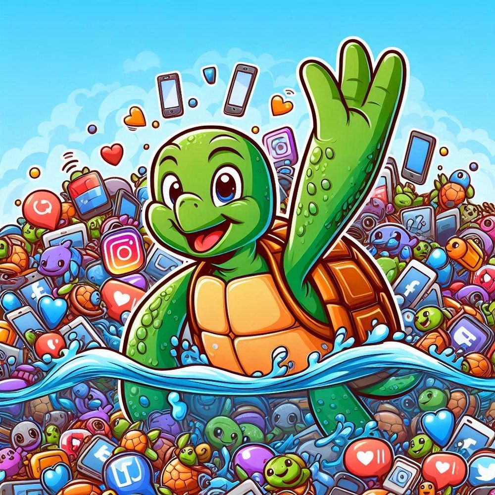 cartoon turtle raising its hand in a sea of social media icons and digital devices