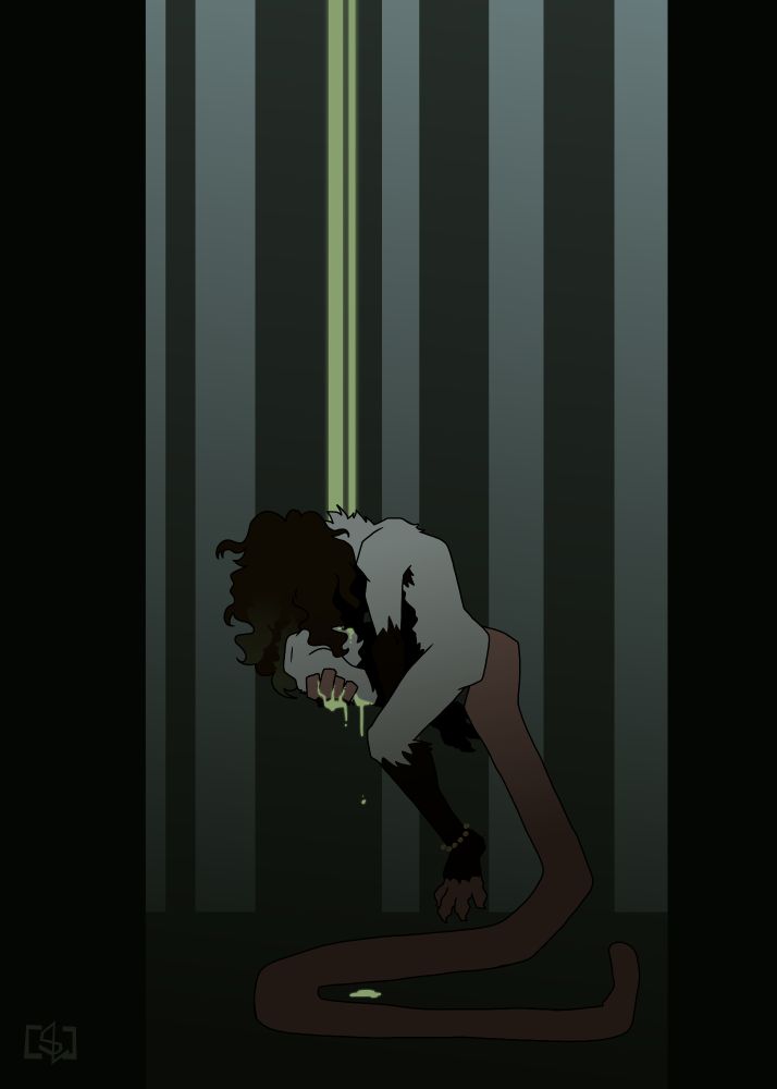 A heavily shadowed anthropomorphic opossum floats in the air, surrounded with very vertical shadowed shapes. One of the shapes is a dull, glowing green. a similar, formless substance drips down onto the floor.