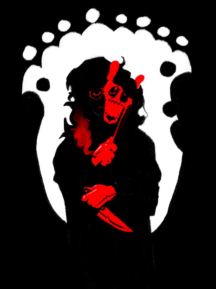 A silhouette of someone stands against an abstract white shape, stark red colors what look to be shiny gloves. One glove removes a handled animal mask away from their face, in the other is a knife. 