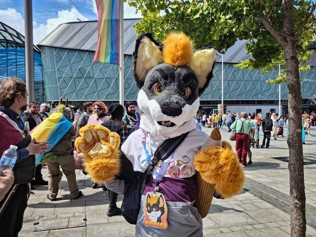 A photo of a fur-suiter (wearing a wolf-otter hybrid fursuit) at an LGBTQ+ Pride event in Liverpool, UK. 