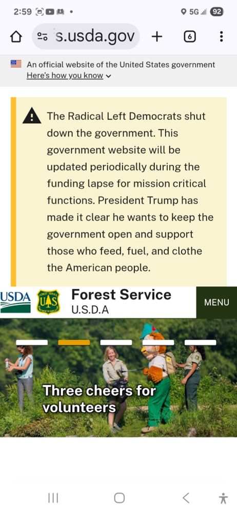 Text on all government websites saying, it's the radical left Democrats' fault the government is shut down