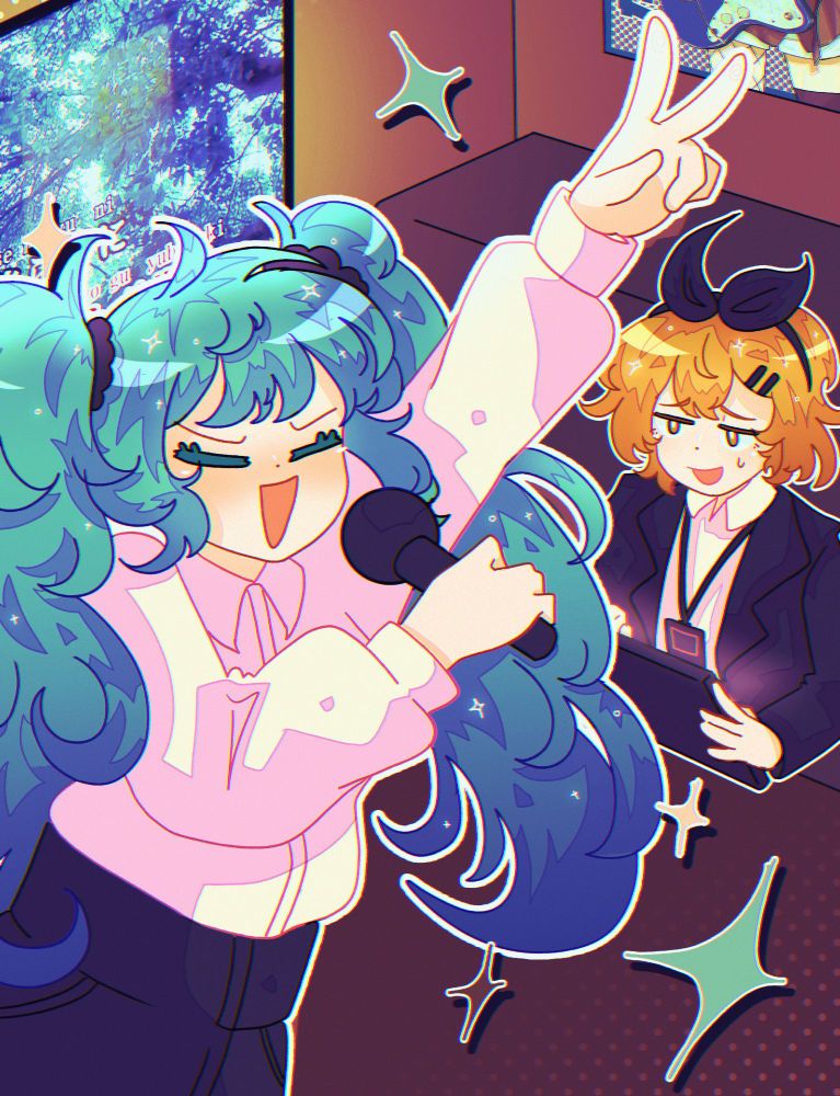art of miku and rin at a karaoke bar. miku is singing enthusiastically and throwing up a peace sign. rin is to the side smiling and sweating a little as she selects the next song off of an ipad.