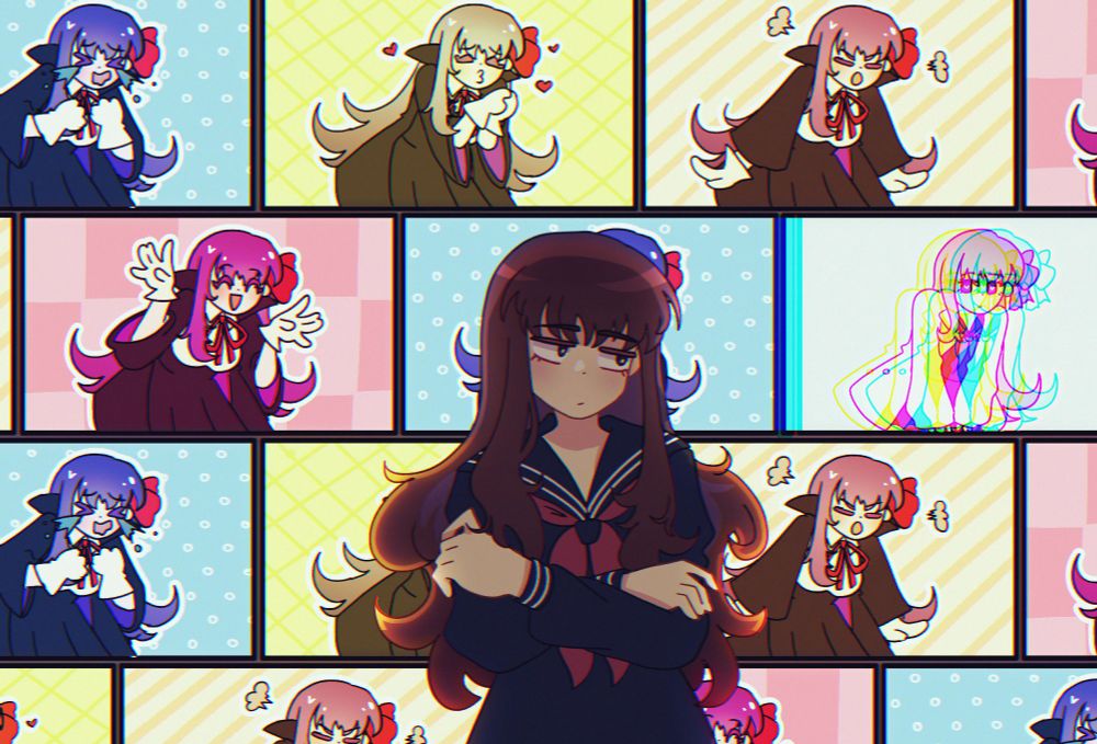 an illustration of hakuno and bb from the game fate extra ccc. hakuno is standing in front of a bunch of screens that have bb posing on them, expressing a variety of emotions. one of the screens houses the nurse sakura, but she is blurred out. hakuno is looking towards that screen, unbemused.