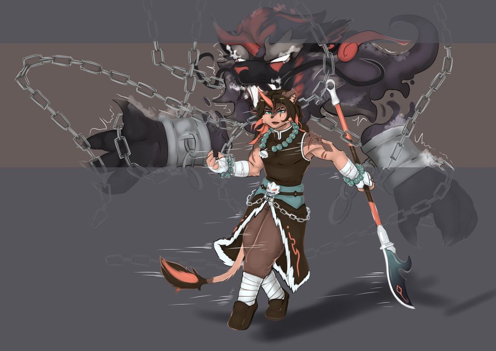Ranfeng leaping back. the demon attached to them both struggling against restraints representing Ranfeng's will, and representing an urge to leap forward instead.