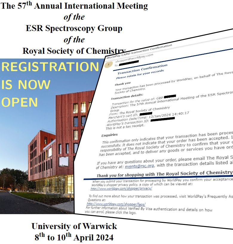 Registration receipt e-mail overlaying the conference main page at a perspective angle with the sky of the Warwick image saying Registration is now OPEN.