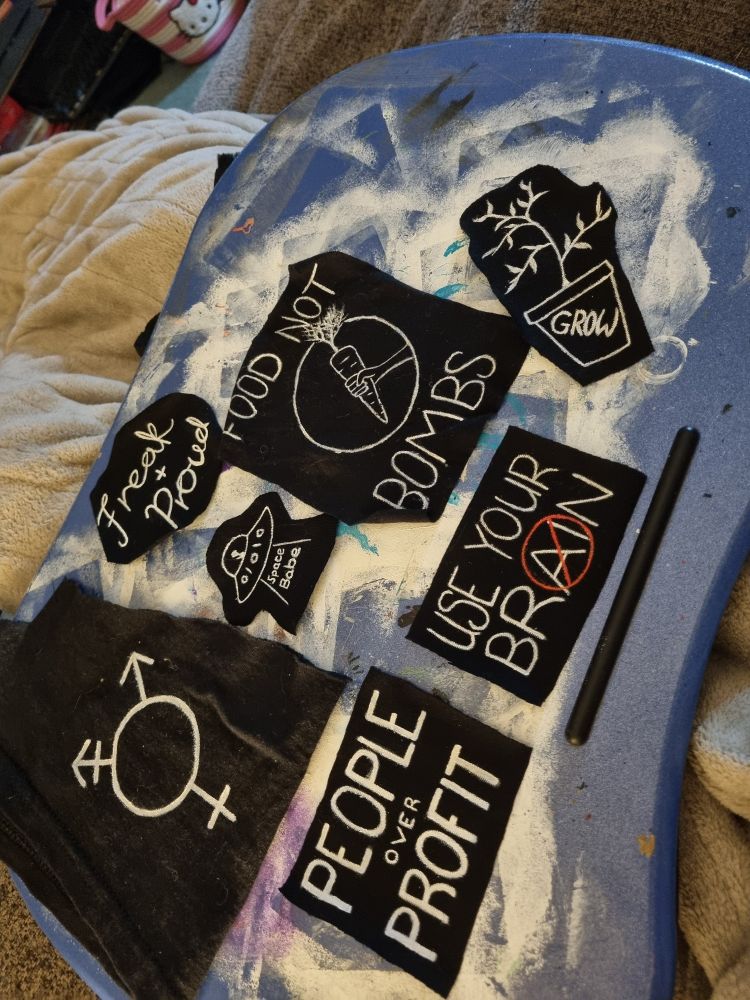 collection of painted patches, reading:
"freak + proud", "food not bombs", "space babe (inside a UFO)", "people over profit", "grow (inside a potted plant)", "use your brain (with ai crossed out)" and "[transgender pride symbol]" 