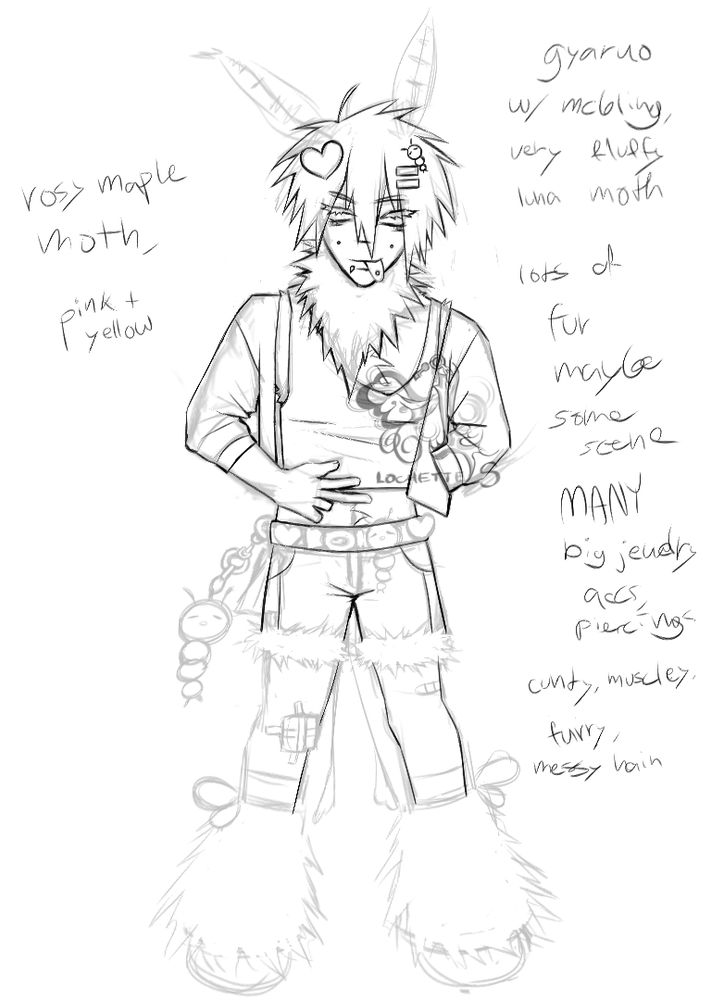 Half-lined sketch of a humanoid design with fluffy accessories and moth antennae 