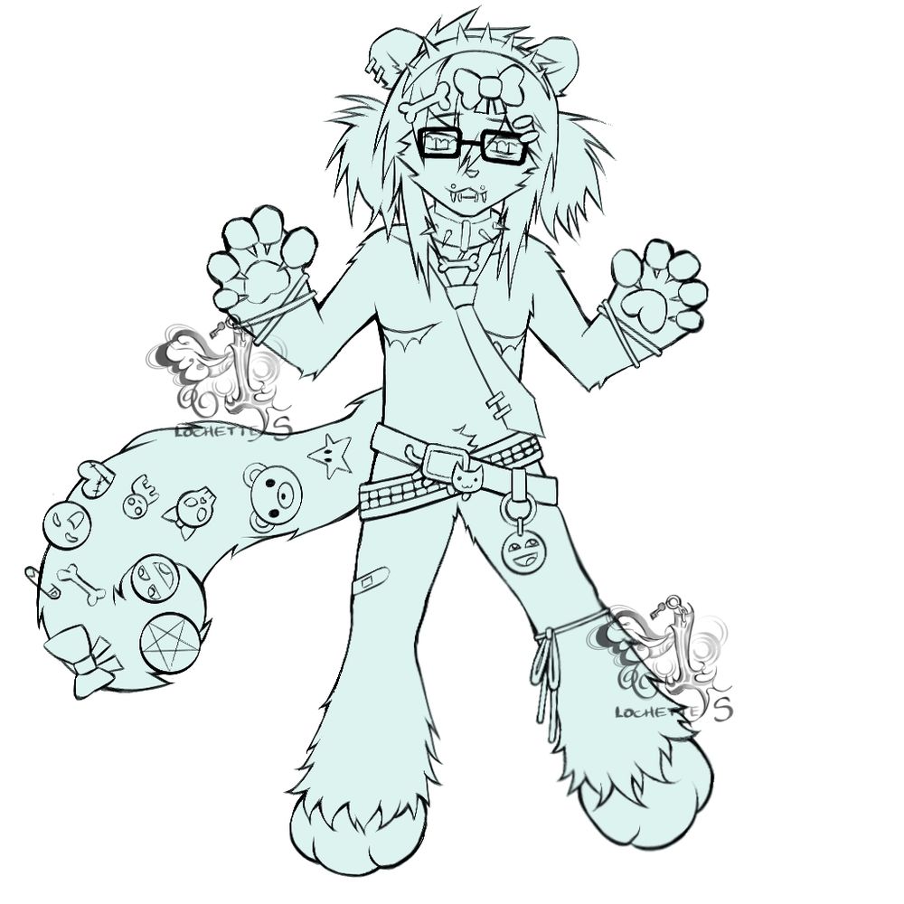 Skunk anthropomorphic furry character with lots of accessories doing a grabby-hands pose with their paws 