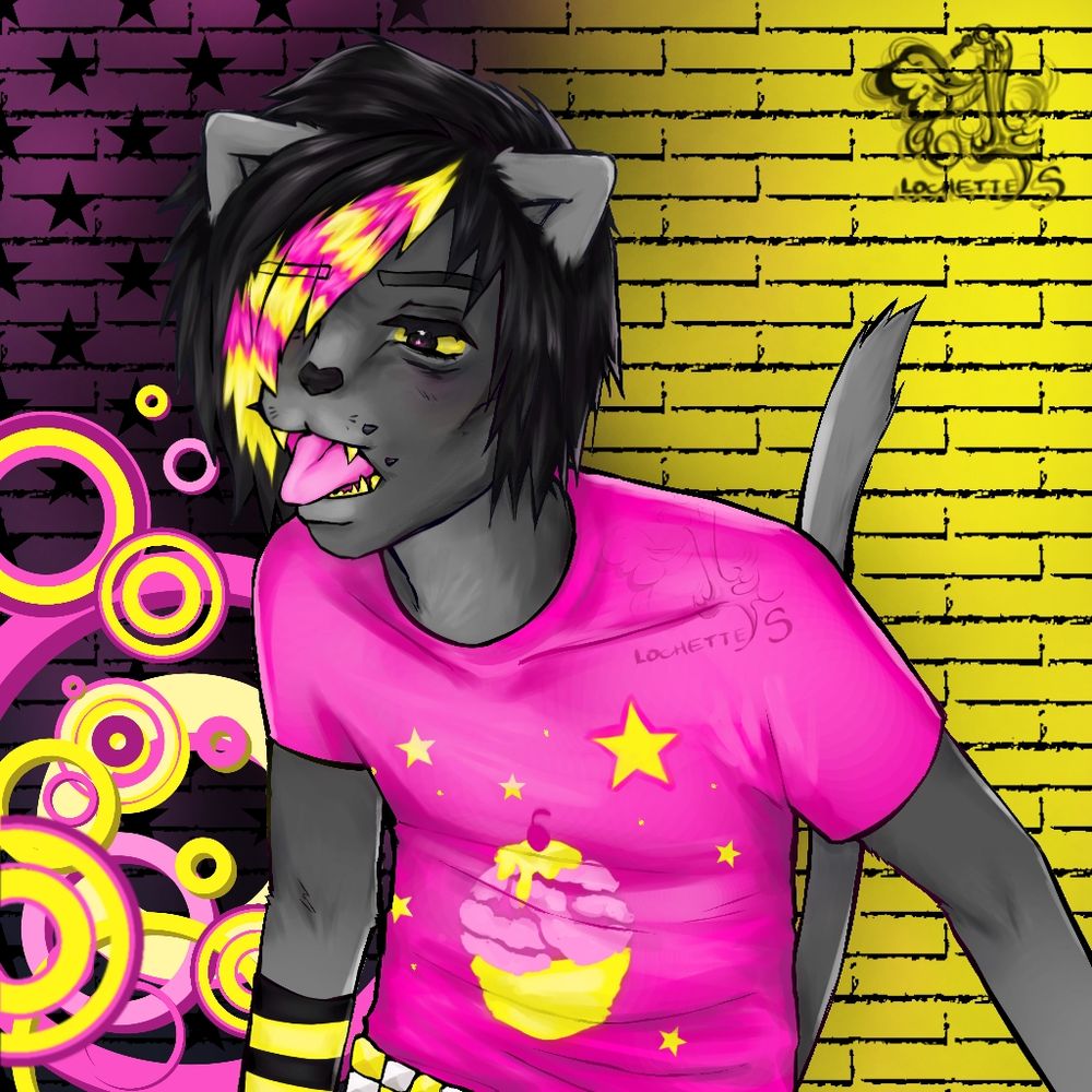 Art of an anthropomorphic cat making a disgusted face with a brick wall background
