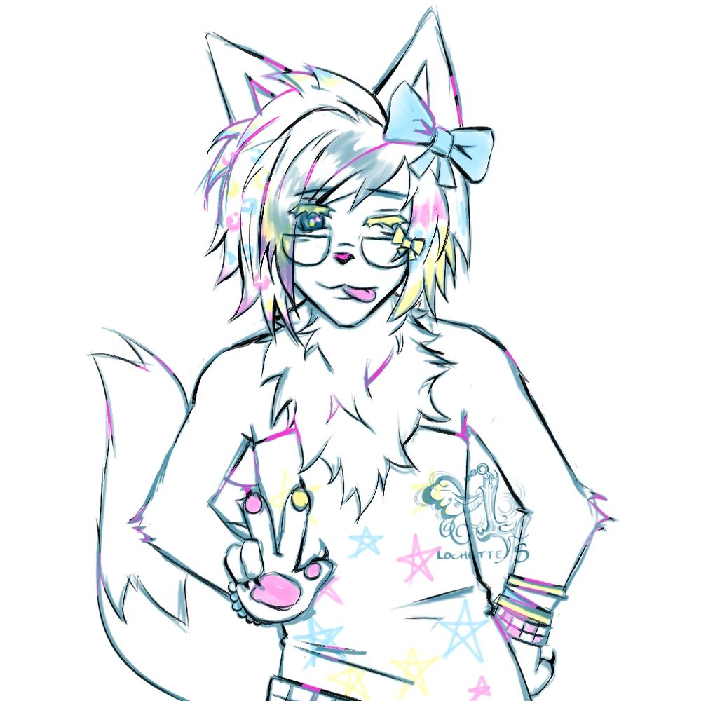 Art piece of an anthropomorphic fox character winking and giving a peace sign