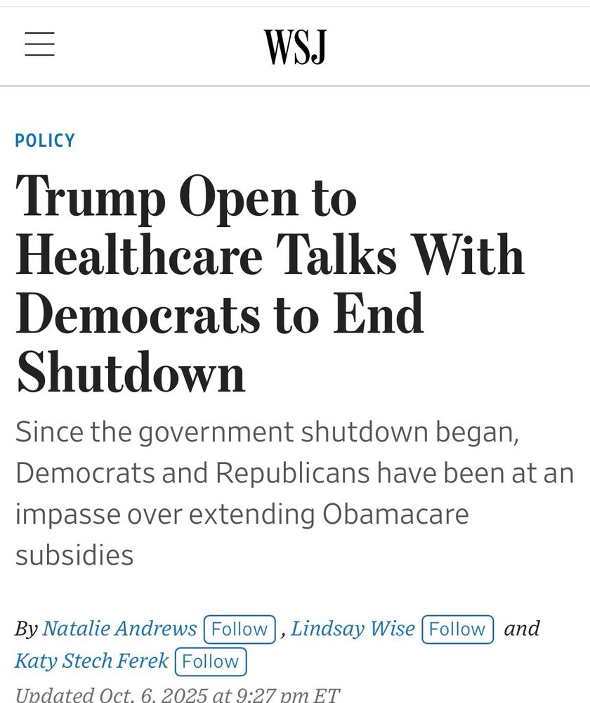 Wall Street Journal online headline from October 7, 2025 that reads “Trump open to healthcare talks with Democrats to end shut down.”