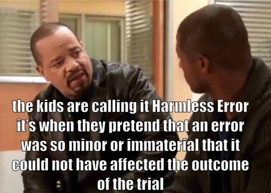 A steel image from law and order SVU showing ice tea talking to another person. There is text super imposed that reads “the kids are calling it harmless error. It’s when they pretend that an error was so minor or immaterial that it could not have affected the outcome of the trial“