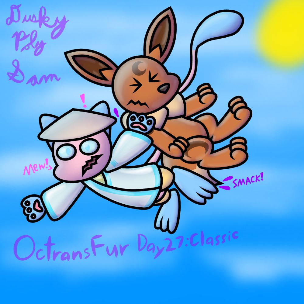 A lined image of the moment Dusky and Mewrus met each other for the first time.  With Arceus having sent Dusky back in time as a human...  Only to miscalculate the drop point resulting in Dusky falling on the resident Hisuian Mew, Mewrus, midflight...  Resulting in the human accidentally getting turned into an Eevee due to Mewrus using the move out of spooked reactionary measures.  ...  Hopefully Dusky doesn't evolve as an Eevee because then he'd be stuck as a Pokémon...  ...  Oh wait...