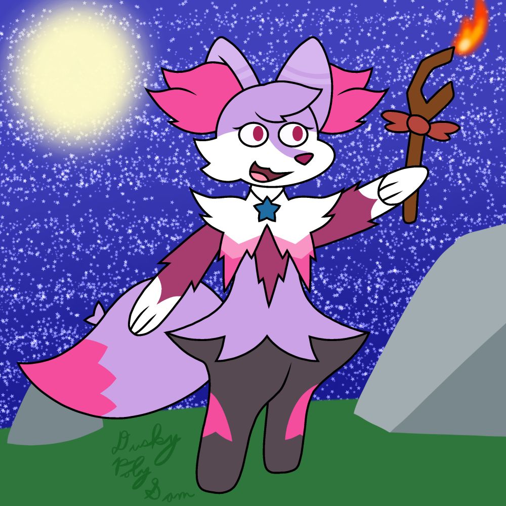 Art of Breeze.Dr4ws Braixen/Delphox, Kamy, using fire magic at night.