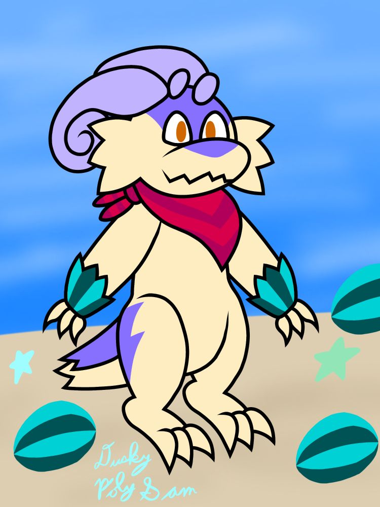 Art of MelonGolem's Melontyph character on a beach that has melons on it.