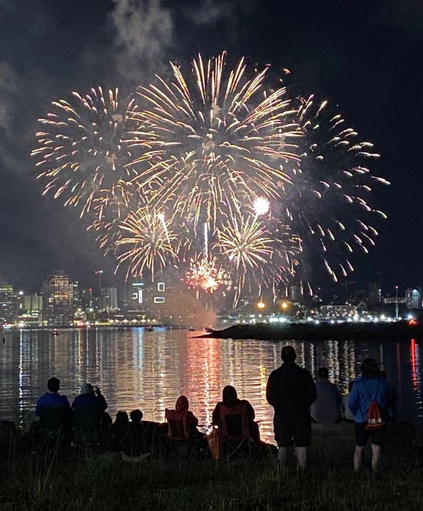 Photo of a bunch of white fireworks of different sizes over Halifax Harbour from the Dartmouth side. 