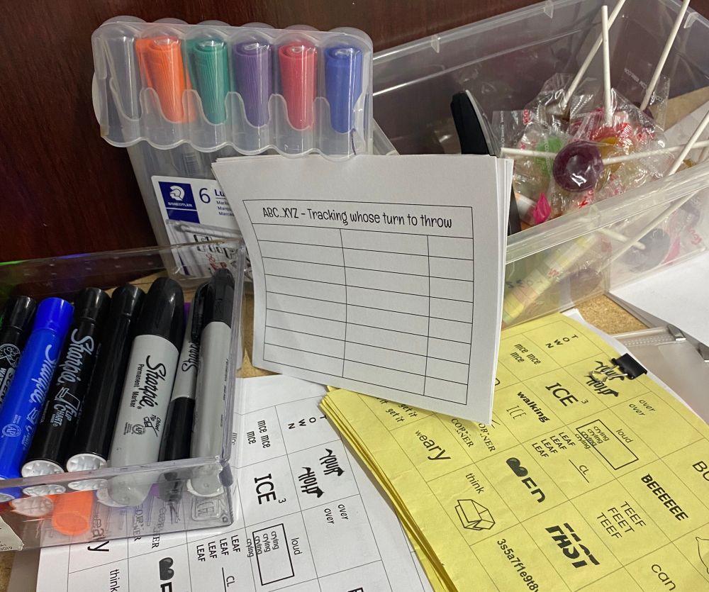 Markers, box of suckers, a remote control to advance my slides, “whose turn is it” tracking sheet, rebus puzzles