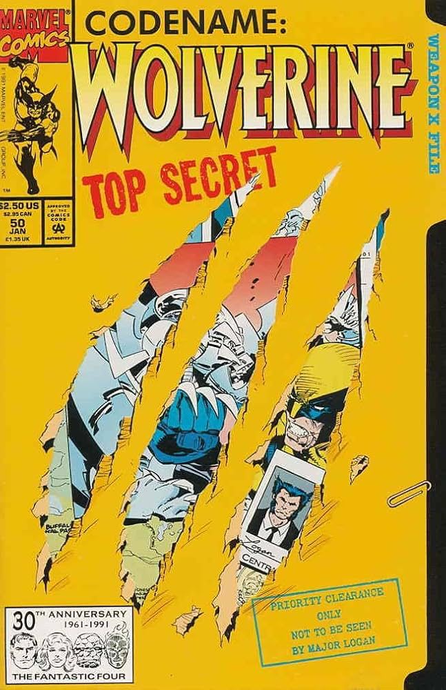 The cover of a comic book. Wolverine number 50 from the 90s. It has physical/marks cut out of the covers so you could see the first page behind it. As if Wolverine cut it with his own adamantium claws. The cover is yellow and styled to look like a government file folder complete with top-secret stamp and “priority clearance”
