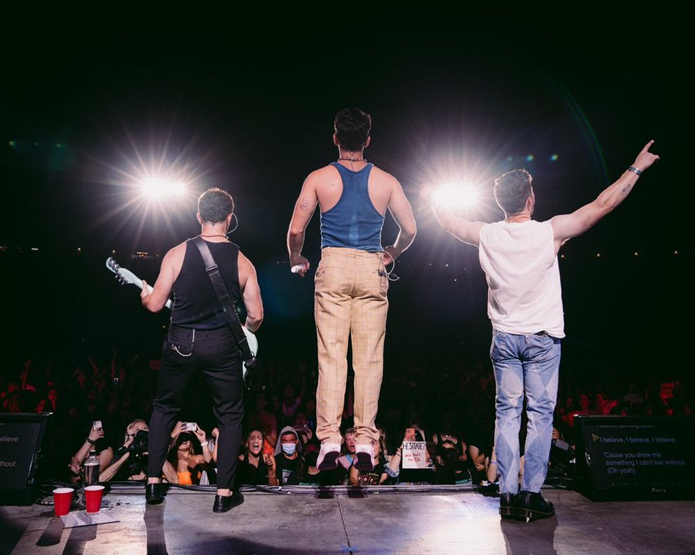 The Jonas Brothers in concert. The angle of the picture shows their backs and the crowd in front and two spotlights.