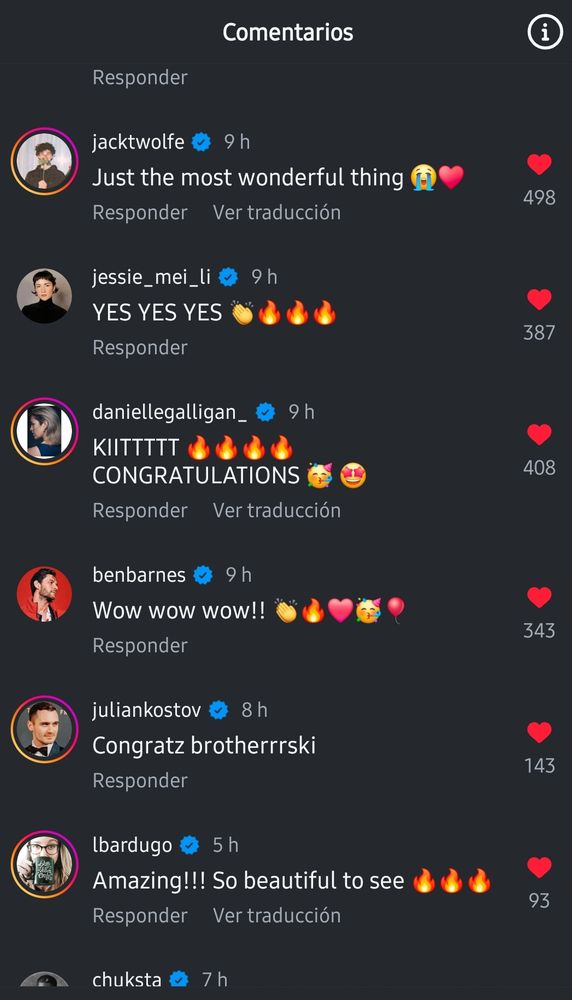 Congratulations comments on Kit's instagram post about the Bafta win from Jack Wolfe, Jessie Mei Li, Danielle Galligan, Ben Barnes, Julian Kostov and Leigh Bardugo.
