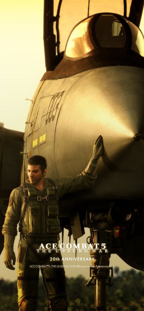 An image of an F-14 Tomcat from the front. The number 003 is printed underneath the cockpit. At the lower-left, a man in a flight suit (Captain Jack Bartlett) is resting his left hand on the F-14's nose. At the bottom, the text reads "ACE COMBAT 5 THE UNSUNG WAR 20th Anniversary" followed by copyright text for Bandai Namco Entertainment.