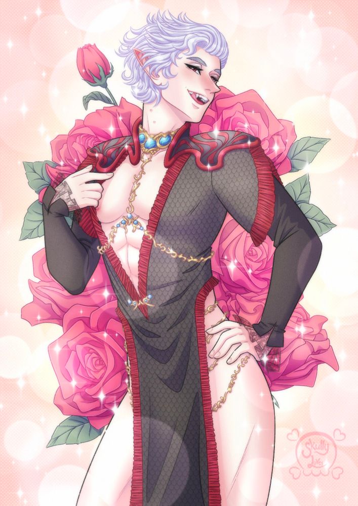 Astarion from Baldur’s Gate 3 wearing the Wavemother's robe. He's discreetly flashing one of his nipples and gives a cheeky smile. He is standing in front of a background of roses. 