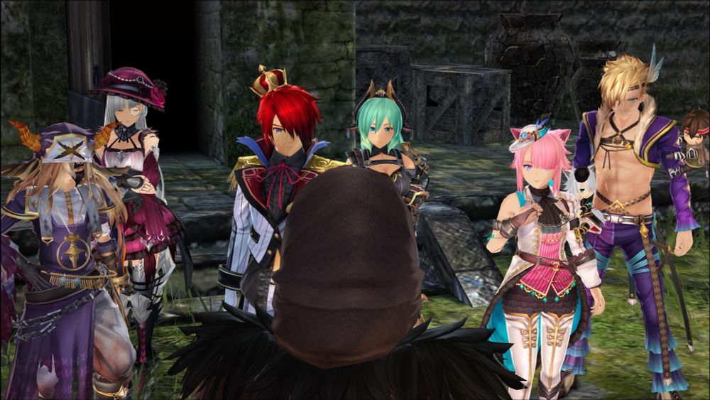 screencap of Ys IX. All the Monstrums are looking at a hooded figure 