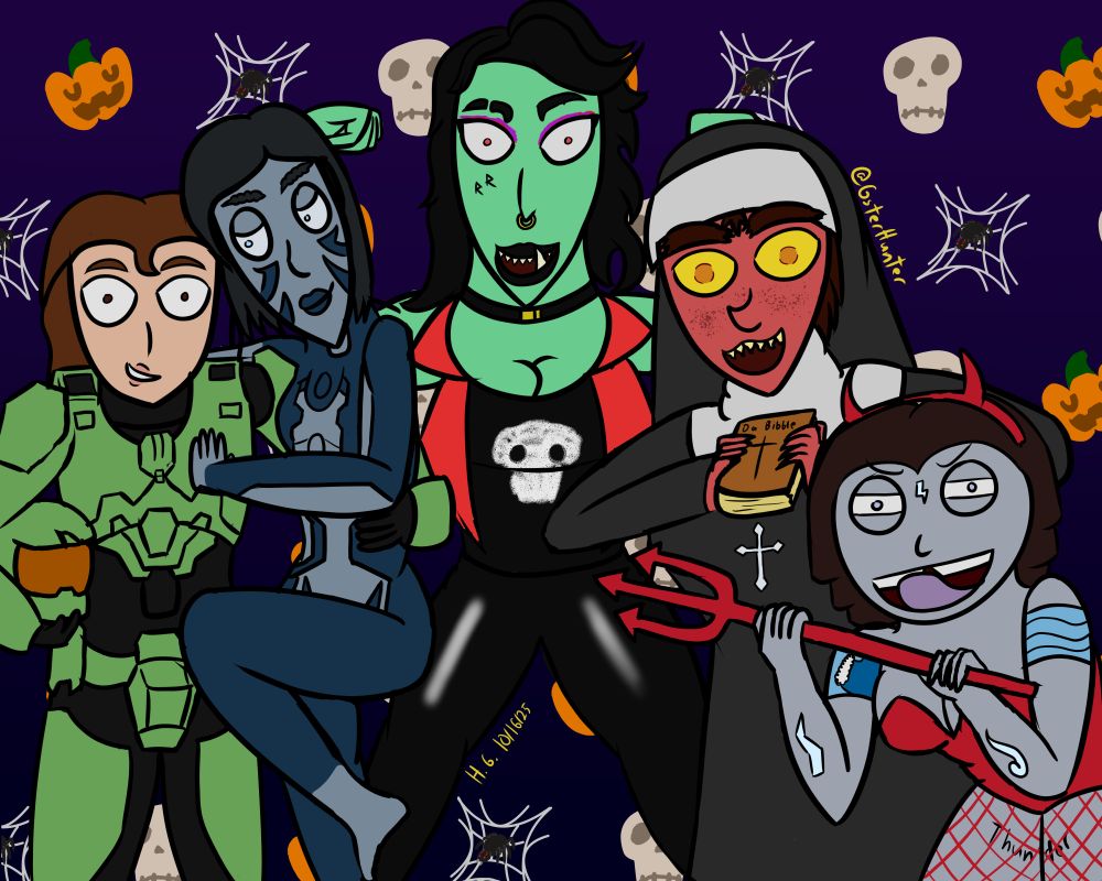 From left to right: Elena (as Master Chief), Tatna (as Cortana), T'Keth (as wrestler Rhea Ripley), Tatna (as a Nun) and Olivia (as a "sexy" devil)