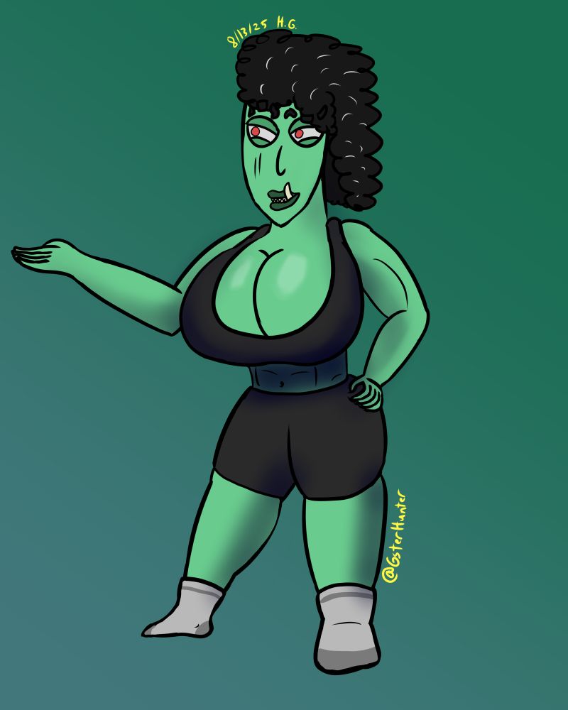 An obscenely thicc T'Keth standing in gym wear.