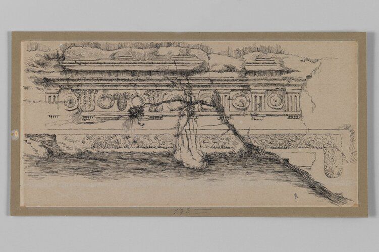 This is one of three drawings (00.159.357.1-.3) sketched on and later cut from one sheet of paper.  The drawings were sketched in three registers and the placement of this drawing was the first (top) register.