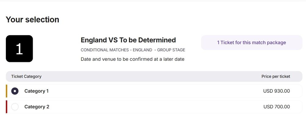 Tickets to England's world cup game are 700 - 930 per ticket before fees