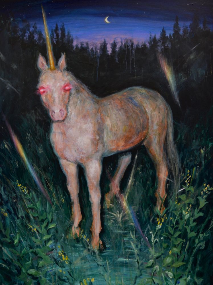 A painting of a unicorn caught on a trail camera.