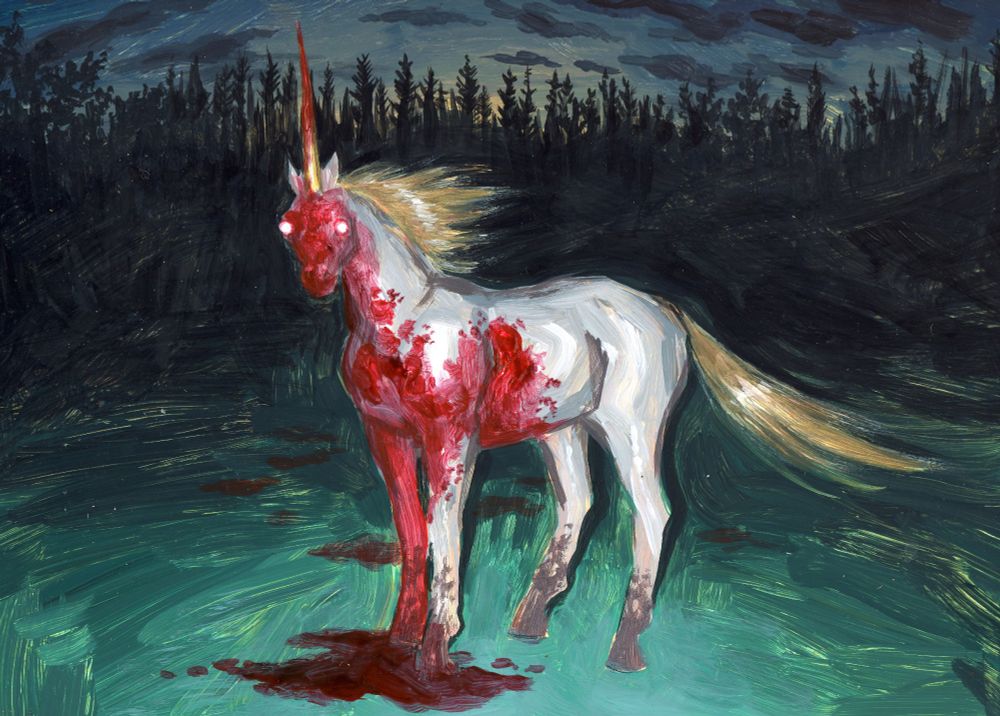 a painting of a unicorn at night with blood on it's head and legs. It appears to be caught In the flash of a camera.
