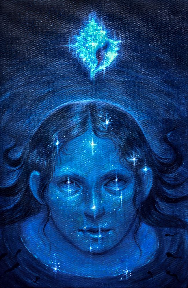 An all blue painting of a sparkly siren emerging from the water.