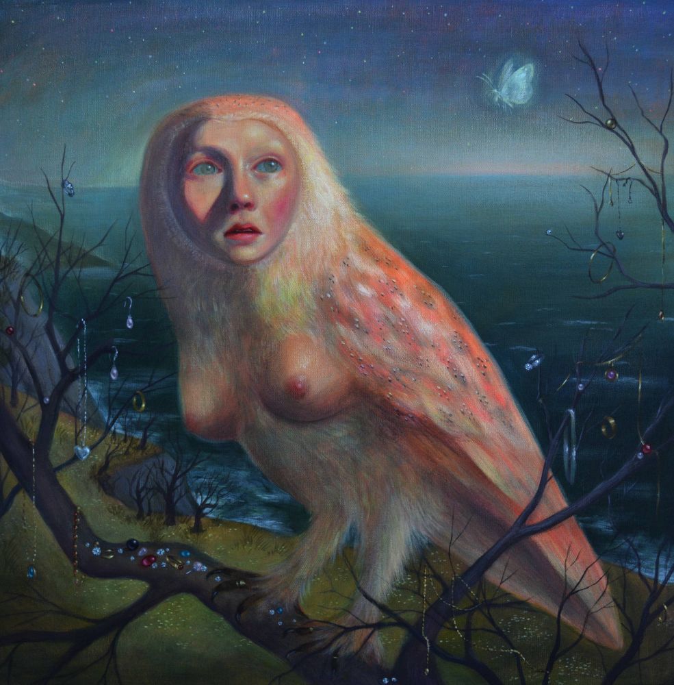 A detailed painting of a harpy (half bird half woman) gazing at a moth.