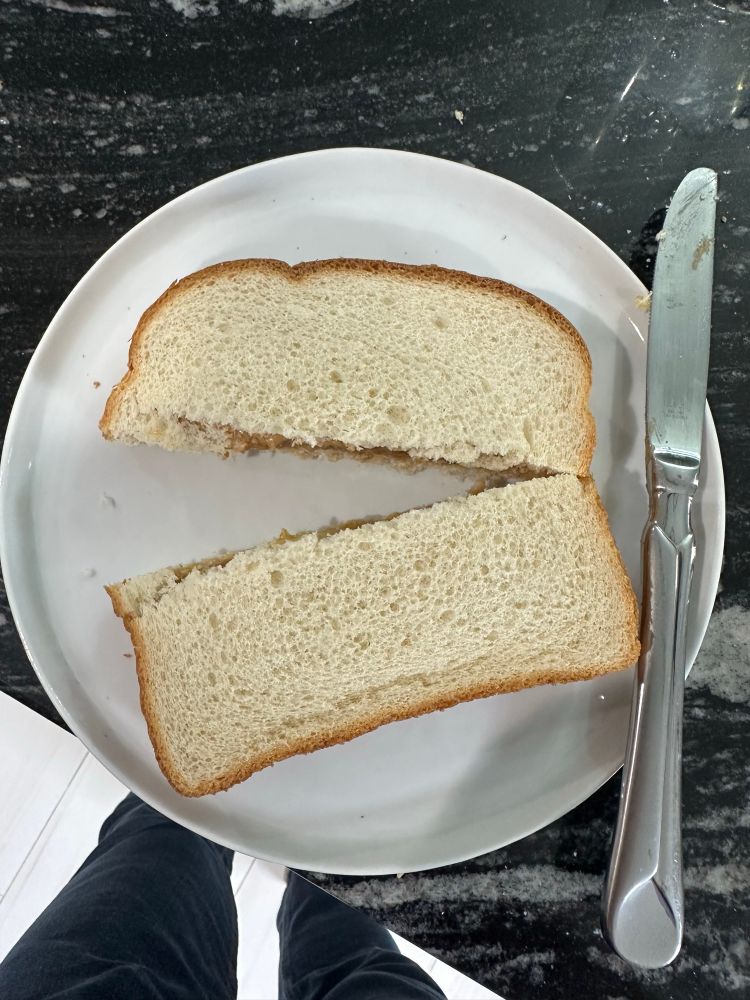 A PB&J bisected on its X axis, rather than symmetrically on the Y axis or at 45 degrees to make triangles.