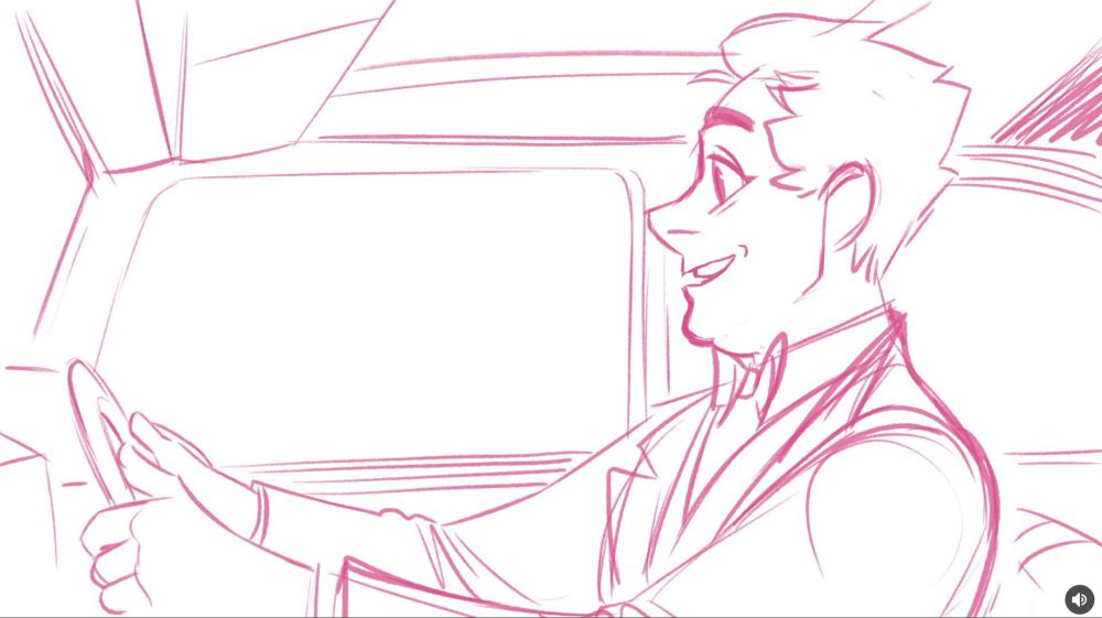 A drawing by the delightful @owlygem.bsky.social, depicting me sitting cheerfully at the wheel of the Bentley.