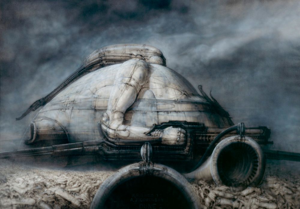 Giger concept art for the Harkonen fortress in Jodorowsky's Dune. It's a giant, nightmarish sculpture of the Baron Harkonen, with biomechanical elements.