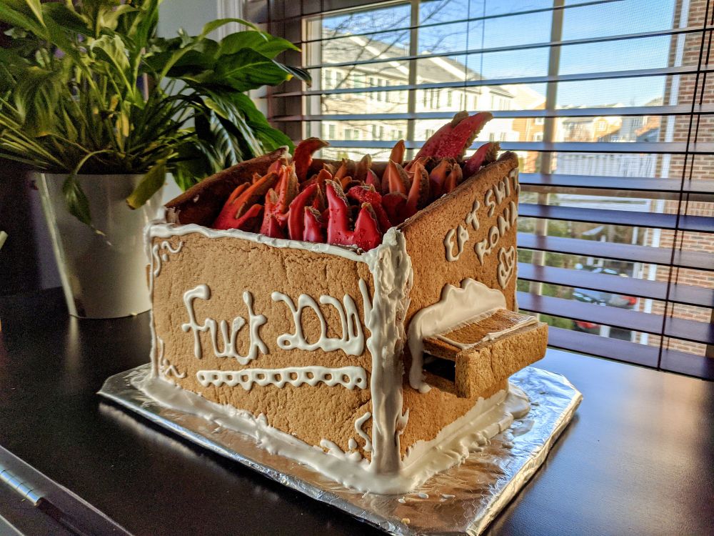 A gingerbread dumpster fire. The front is decorated with "Fuck 2020." The side has "EAT SHIT RONA" written in white icing.