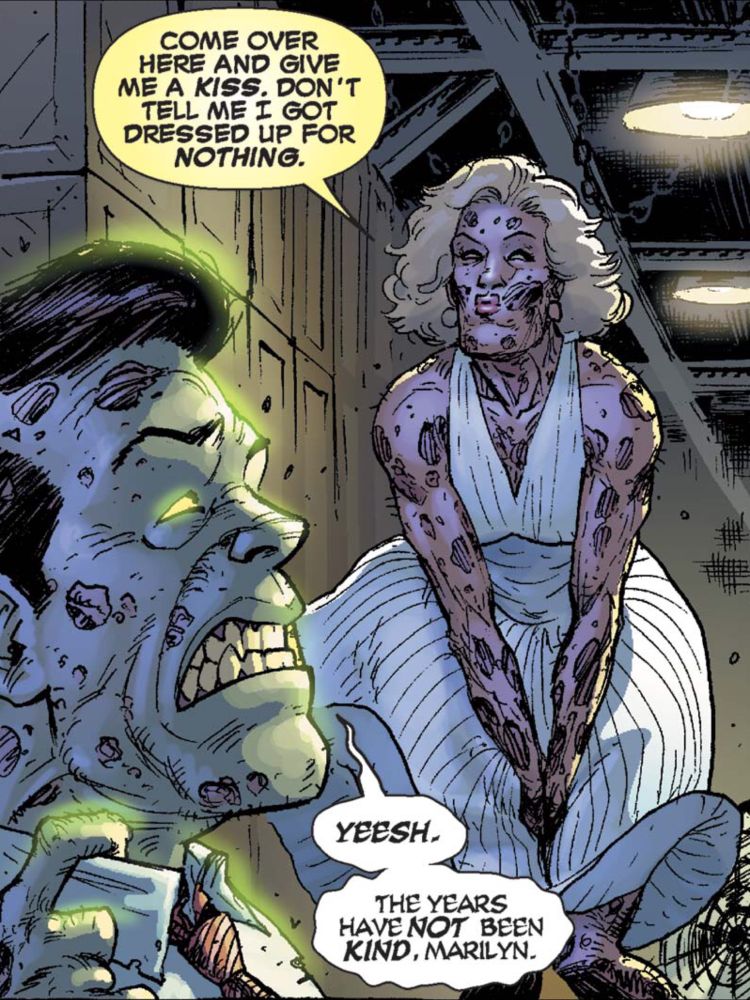 Deadpool dresses as Marylin Monroe seduces zombie JFK before killing him.