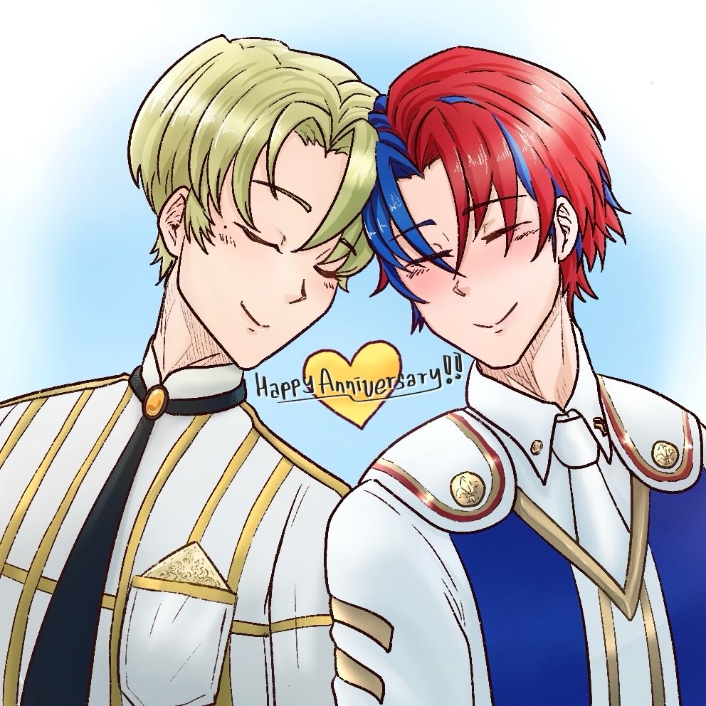 Alear and Alfred from video game Fire Emblem Engage leaning on each other lovingly. The text in the center says Happy Anniversary. This draw was originally posted on my Instagram main account on Engage’s 1 year anniversary.