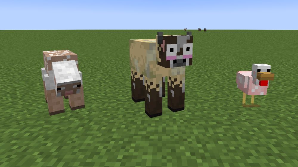 Screenshot of a Minecraft superflat world with a sheared sheep, sheared cow, and sheared chicken in the frame.
