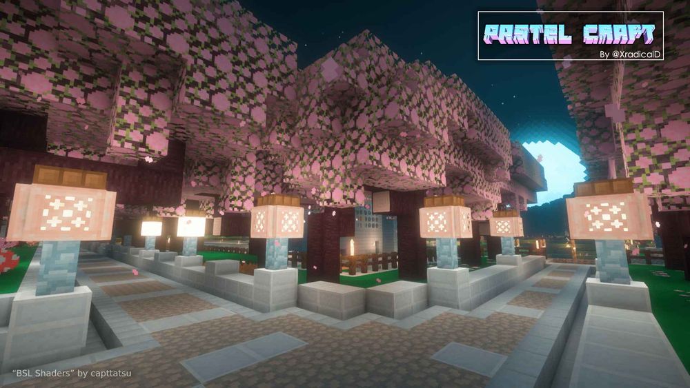 A Minecraft scene with cherry trees growing over a stone sidewalk illuminated by streetlamps at night.