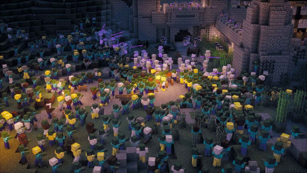 A battle scene showing off soldiers wearing iron armor defending their castle from a massive horde of zombies.