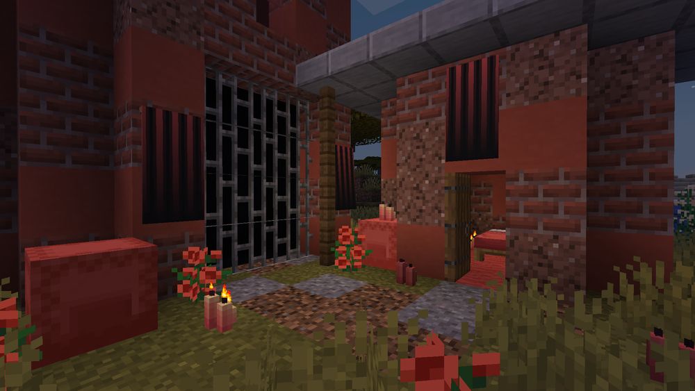 In-game Minecraft scene of brick buildings showing off new coral-dyed blocks
