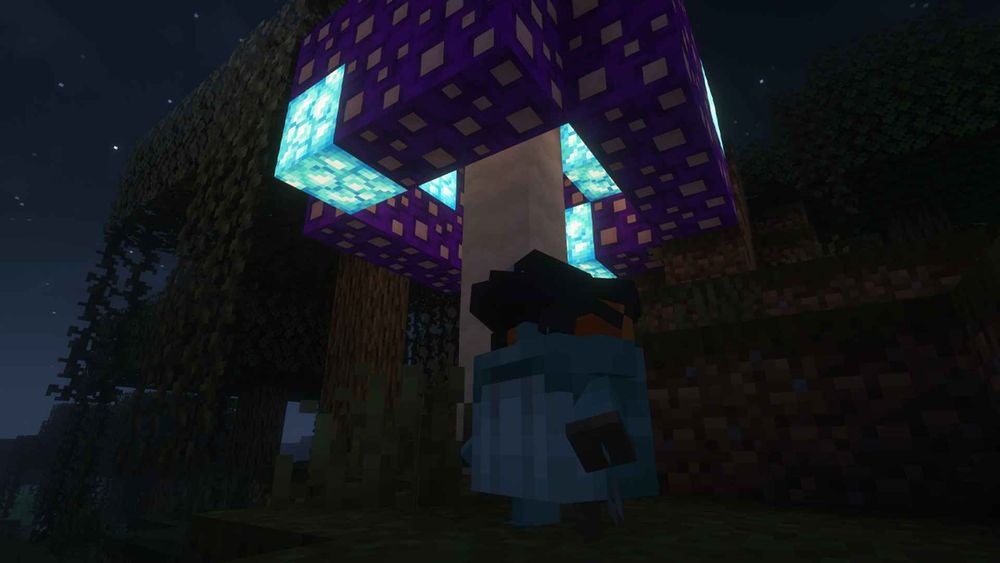 A glowing purple and blue mushroom in a swamp, with a blue frog below it