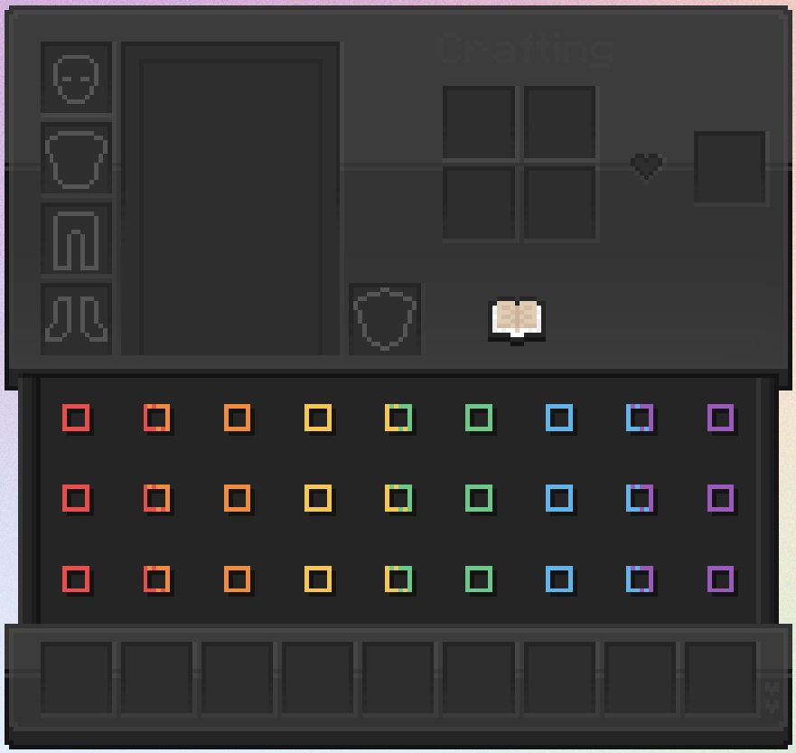 A Minecraft inventory screen with dark colors and minimalist slot indicators that make up a rainbow gradient.