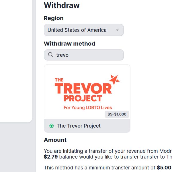 A screenshot of the Creator Monetization Program withdraw screen, showing an option for the Trevor Project.